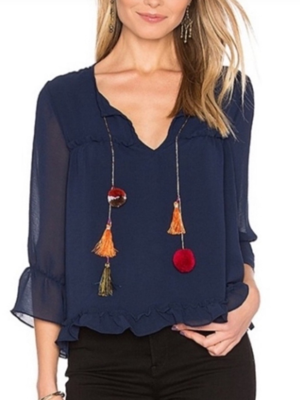 MISA Los Angeles Navy Ruffle Pom-Pom Tassel Boho Blouse | Size XS